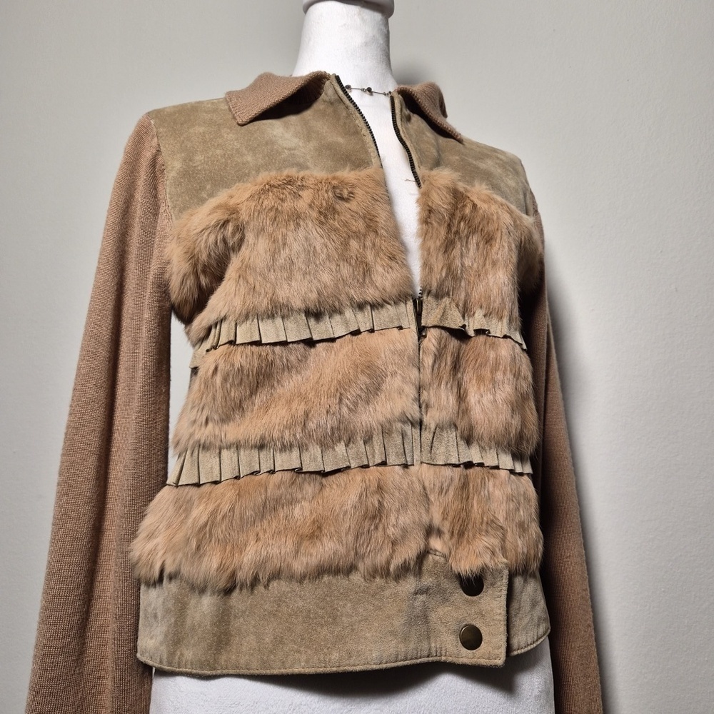 Bebe Vintage Leather Suede & Fur Y2K Collared Knit Bomber Downtown Fall Jacket L